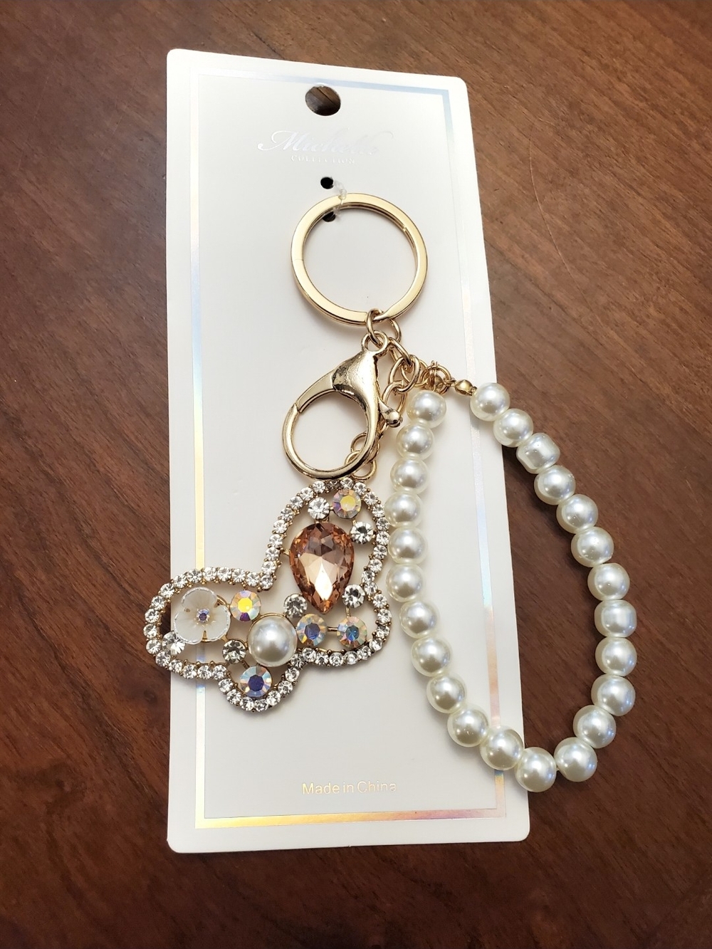 Pearl Bracelet Keychain with Champagne Crystal Charm - Women Accessories